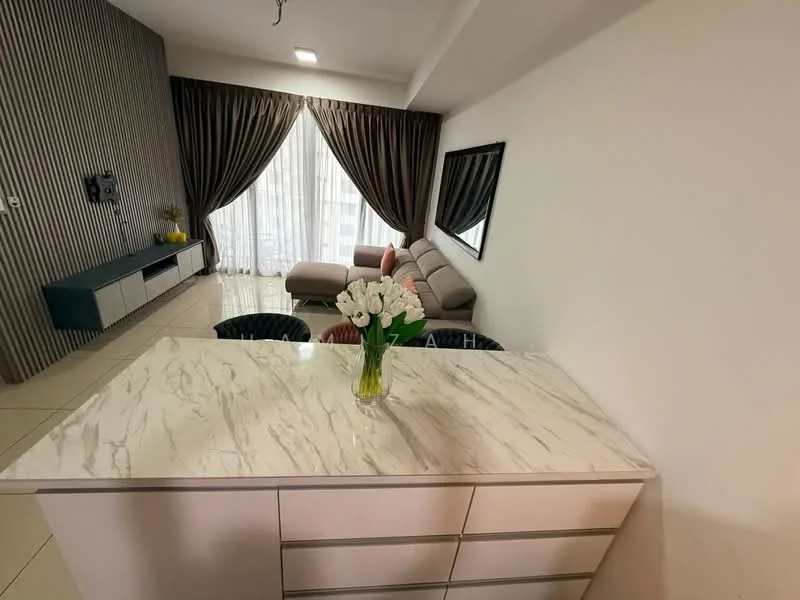 Living features: grey sectional sofa, white marble countertop, green accent chairs, TV console with wall-mounted TV, floor-to-ceiling windows, sheer curtains, dark wood accent wall, decorative mirror, area rug, vase with white flowers; style: modern.