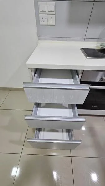 Kitchen features: white cabinetry, three pull-out drawers, stainless-steel sink, white countertop, grey tiled backsplash, ceramic tile flooring, wall-mounted electrical outlets; style: modern.