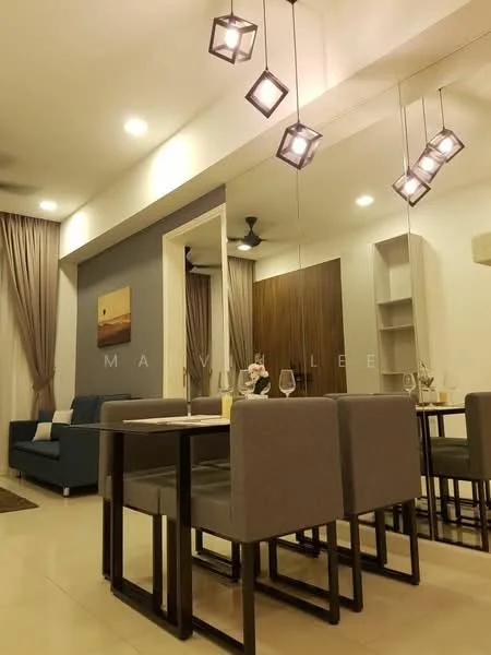 Dining features: 4-seater dining table, grey upholstered dining chairs, pendant lighting with geometric design, mirrored wall, cream painted walls, floor-to-ceiling curtains, light-coloured tiled flooring, ceiling fan; style: modern. Living features: 3-seater fabric sofa in blue, decorative wall art, wooden accent wall, open shelving unit, area rug, light-coloured tiled flooring; style: modern.