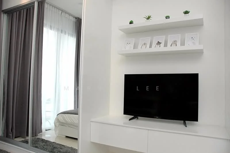 Living features: white painted walls, sliding glass door, floor-to-ceiling windows, grey curtains, TV console, wall-mounted TV, decorative shelf with plants, framed artwork, area rug, light-colored flooring; style: modern. Room features: bed with white bedding, mirror wardrobe.