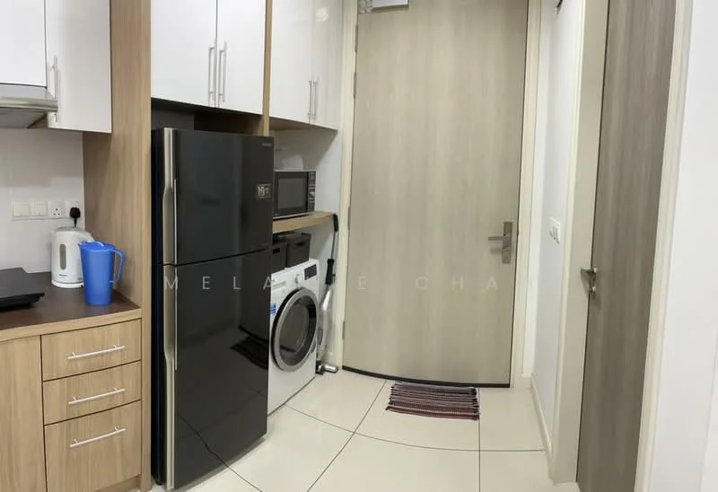 Laundry features: black refrigerator, built-in cabinetry with white finish, microwave, front-load washing machine, countertop workspace, cream tiled flooring, door with wood finish, door mat; style: modern.