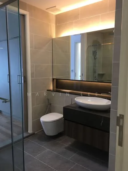 Bathroom features: grey ceramic tile flooring, light grey wall tiles, floating vanity with dark wood cabinetry, white vessel sink, chrome basin mixer faucet, backlit mirror, walk-in shower with glass enclosure, rain shower head, one-piece toilet, recessed lighting, wall-mounted storage cabinet; style: modern.