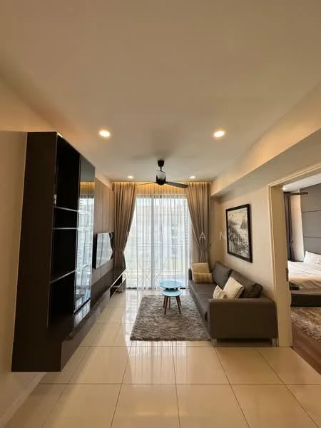 Living features: grey fabric sofa, coffee table, area rug, wall-mounted TV, built-in shelving unit, floor-to-ceiling windows, sheer curtains, recessed downlights, ceiling fan; style: modern; view: city.