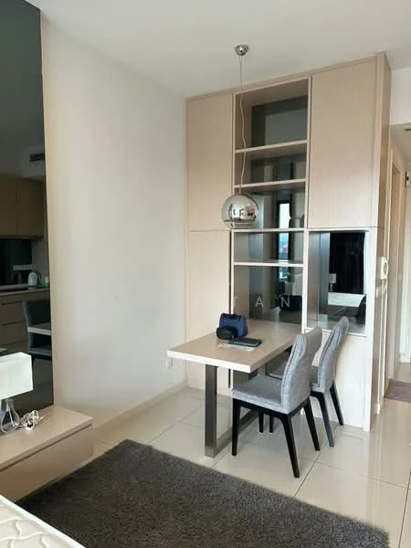 Room features: light wood cabinetry, built-in shelving unit, small dining table, two dining chairs, pendant light fixture, grey area rug, white walls, tile flooring, mirror on wall; style: modern.