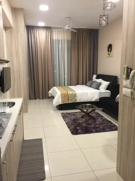 Living features: white painted walls, cream accent wall, tile flooring, 5-blade ceiling fan with light, floor-to-ceiling window, sheer curtains, black leather sofa, queen-size bed with white bedding, decorative pillows, wooden side table, area rug with geometric pattern, wall-mounted artwork, recessed lighting; style: modern.