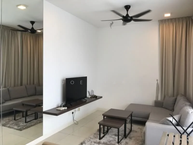 Living features: 3-seater fabric sofa in grey, L-shape sectional sofa, 2 coffee tables, wall-mounted TV, TV console, area rug with geometric pattern, floor-to-ceiling windows, sheer curtains, 5-blade ceiling fan with light, recessed downlights, white painted walls, cream tiled flooring, decorative mirror; style: modern.