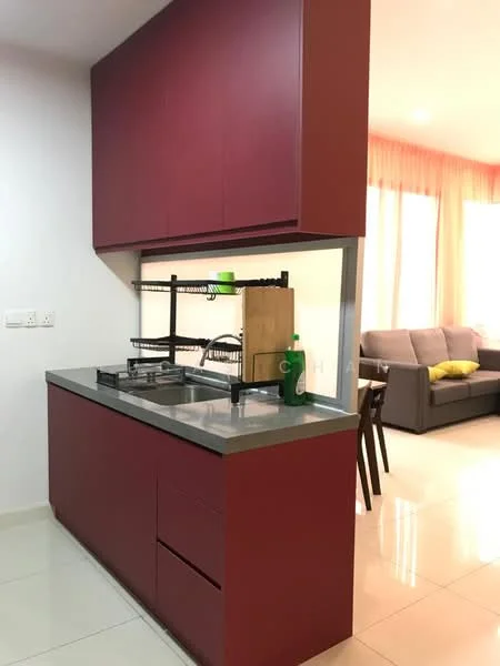 Kitchen features: red cabinetry, grey countertop, single-bowl stainless-steel sink, chrome pull-down faucet, open shelving, built-in storage, tile flooring, white walls, natural light from window, adjacent living area visible; style: modern.