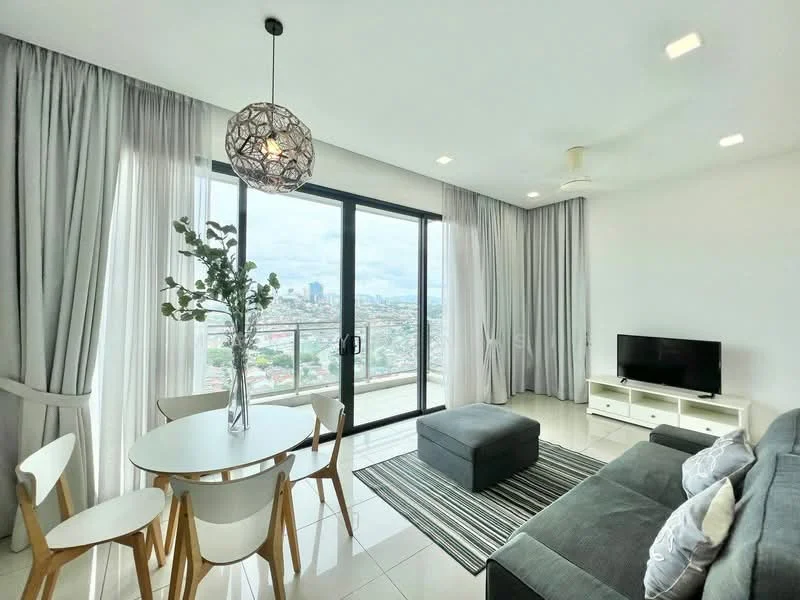 Living features: floor-to-ceiling windows, grey fabric sofa, 3-seater sofa, round dining table, 4 white dining chairs, pendant light fixture, ceiling fan, TV console, wall-mounted TV, area rug with striped pattern, decorative plant in vase, curtains, white tiled flooring; style: modern; view: city.