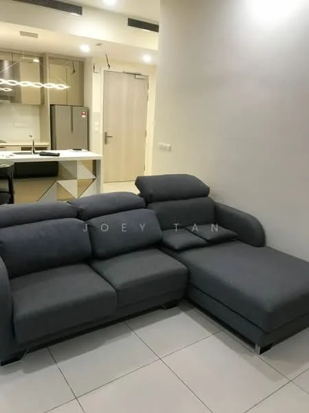 Living features: L-shape sectional sofa in grey, tile flooring, neutral painted walls, recessed downlights, open layout to kitchen, visible kitchen area in background, modern decor, minimalist design; style: modern.