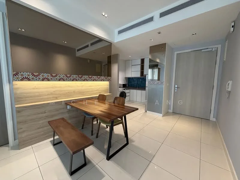 Dining features: dining table with wooden surface, wooden bench seating, grey painted walls, tile flooring, recessed downlights, feature wall with floral pattern, open kitchen layout, built-in cabinetry, kitchen backsplash with blue tiles, door leading to hallway; style: modern.