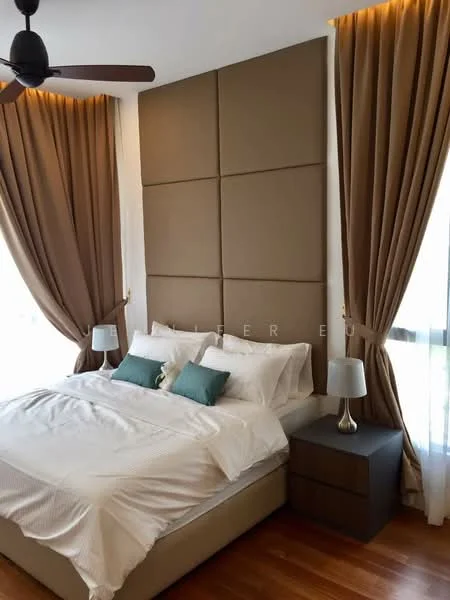 Bedroom features: king-size bed with white bedding, upholstered headboard in beige, two bedside lamps with white shades, dark wood nightstand, floor-to-ceiling windows with sheer curtains, brown drapes, wooden flooring, ceiling fan; style: modern.