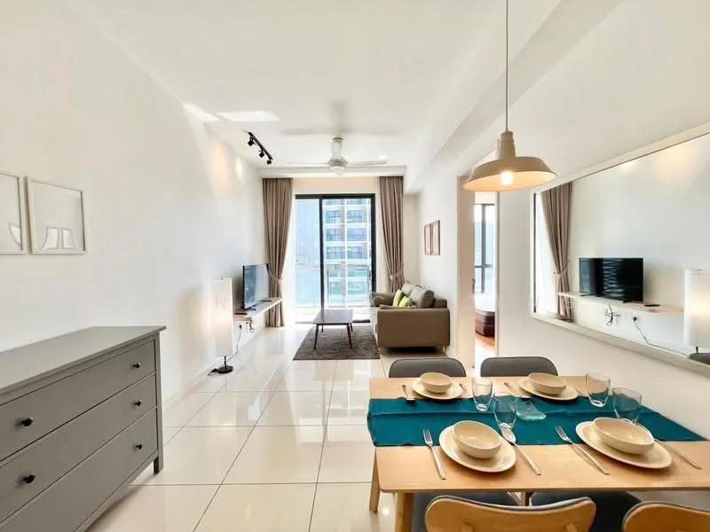 Living features: white painted walls, glossy ceramic tile flooring, 5-blade ceiling fan with light, sofa in green fabric, coffee table, TV console, wall-mounted TV, area rug, floor-to-ceiling windows, curtains, decorative mirror, dining table with blue tablecloth, dining chairs, dining plates and cutlery; style: modern; view: city.