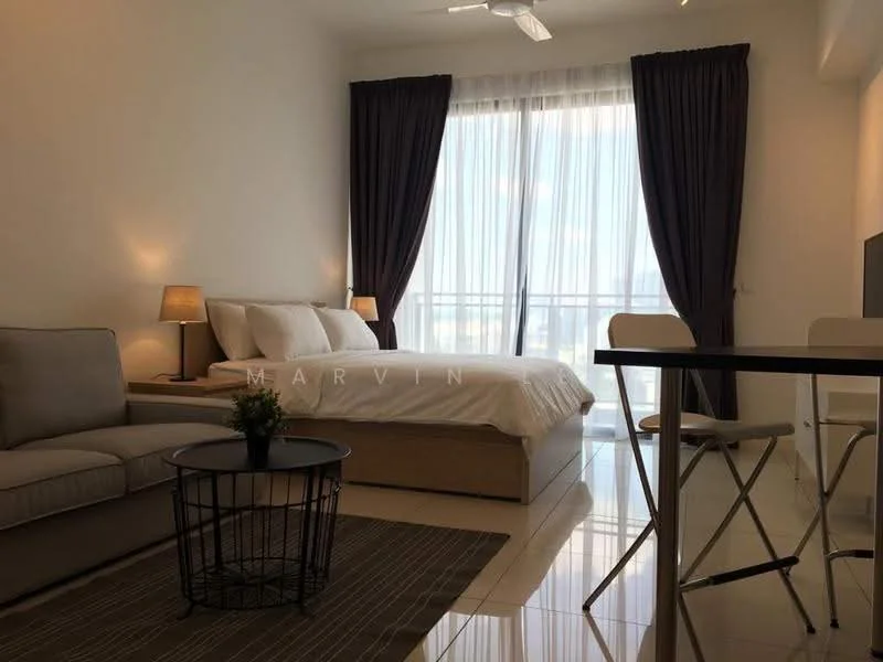 Bedroom features: queen-size bed with white bedding, upholstered headboard, 2 bedside lamps, sofa in light grey fabric, coffee table with black metal base, floor-to-ceiling windows, sheer curtains, dark curtains, recessed downlights, polished tile flooring, decorative plant on coffee table, area rug with geometric pattern; style: modern; view: city.