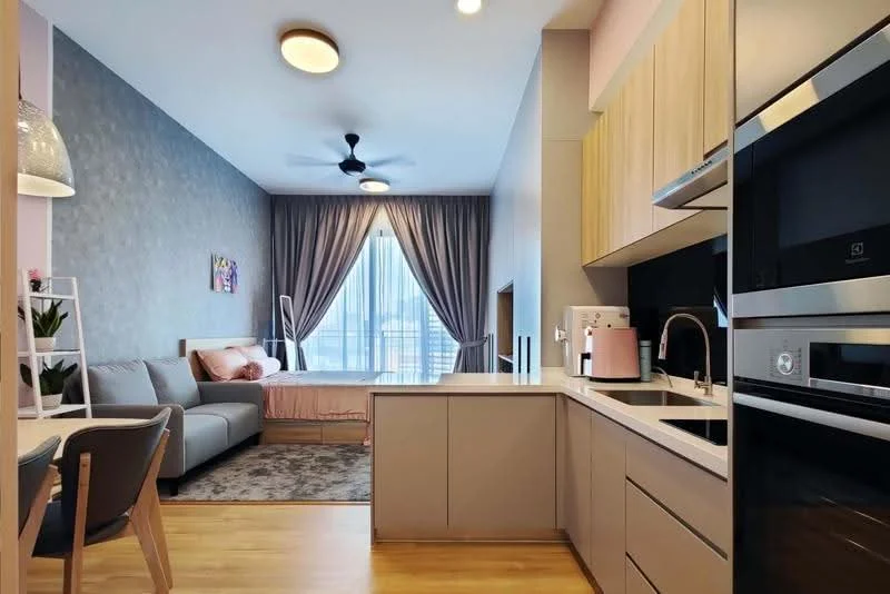 Living features: grey fabric sofa, light wood dining table with chairs, recessed ceiling lights, 5-blade ceiling fan, floor-to-ceiling windows with sheer curtains, decorative wall art, light wood cabinetry, stainless-steel built-in oven, stainless-steel microwave, white countertop, laminate flooring, area rug with geometric pattern; style: modern; view: city. Kitchen features: stainless-steel sink, chrome pull-down faucet, white cabinetry, built-in appliances, open shelving; style: modern.