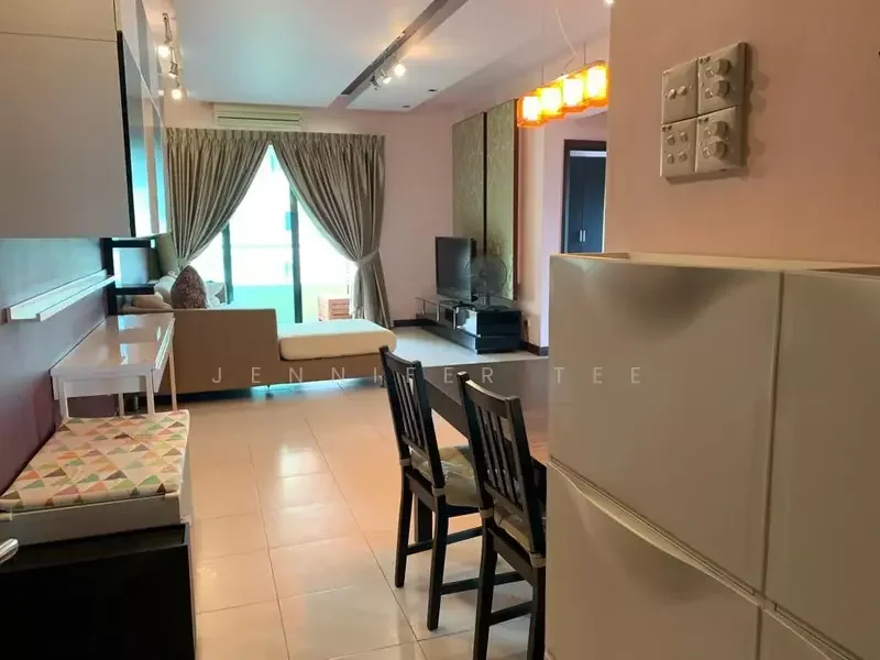 Living features: light-colored walls, tile flooring, sofa, coffee table, TV console, wall-mounted TV, dining table with chairs, curtains, recessed lighting, pendant light fixture, floor-to-ceiling windows, balcony access, decorative wall panels; style: modern; view: city. Kitchen features: white cabinetry, stainless-steel fridge, countertop, open layout; style: modern.