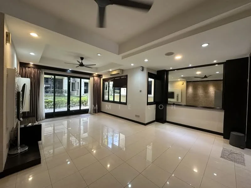 Living features: white painted walls, glossy ceramic tile flooring, 5-blade ceiling fan with light, recessed LED downlights, floor-to-ceiling windows, sliding glass door, sheer curtains, TV console, wall-mounted TV, decorative mirror, open layout, natural light from windows, view of garden; style: modern; view: garden.