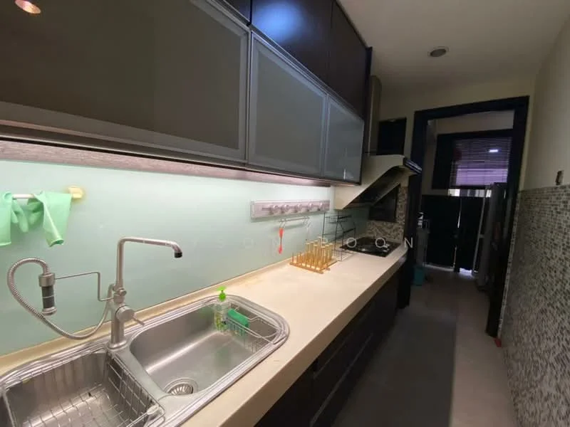 Kitchen features: single-bowl stainless-steel sink, chrome pull-down faucet, light-colored countertop, dark cabinetry, glass upper cabinets, tile backsplash, under-cabinet lighting, built-in stove, exhaust hood, grey mosaic tile flooring; style: modern.