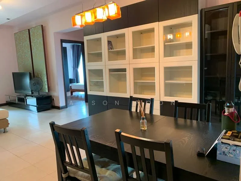 Dining features: black dining table, black wooden dining chairs, glass-front display cabinet, white cabinetry, pendant lighting with four bulbs, light-colored tiled flooring, wall-mounted TV, fan, decorative wall art, curtains, open space leading to another room; style: modern.