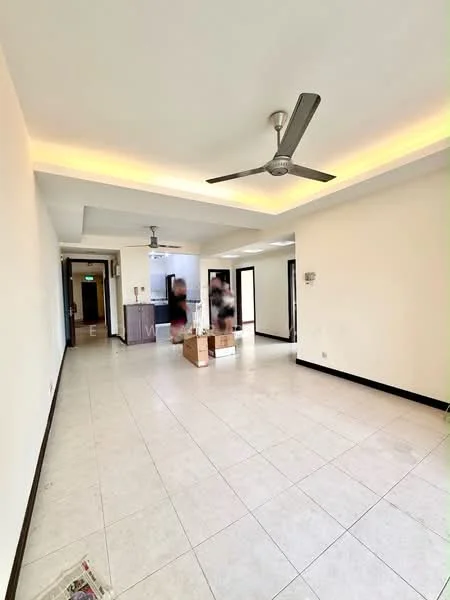 Room features: white painted walls, tile flooring, recessed ceiling with LED lighting, 5-blade ceiling fan, open layout, large windows, neutral color scheme, no visible furniture; style: modern.