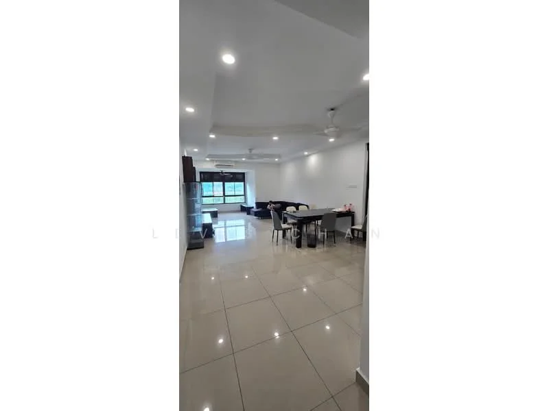 Living features: glossy ceramic tile flooring, white painted walls, recessed downlights, 5-blade ceiling fan, large window with view, sofa set, dining table with chairs, open layout, decorative wall art; style: modern; view: garden.
