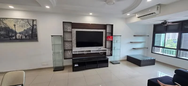 Living features: white painted walls, cream tiled flooring, tray ceiling, recessed downlights, wall-mounted TV, black TV console, glass display cabinets, floating shelves, large windows with city view, ceiling fan, sofa in dark blue fabric, decorative artwork on wall; style: modern; view: city.