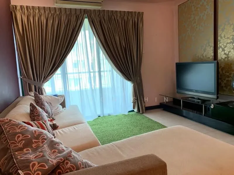 Living features: cream fabric sofa, decorative cushions, green area rug, floor-to-ceiling windows, sheer curtains, dark wood TV console, wall-mounted TV, accent wall with floral pattern, air conditioning unit, light-colored walls, recessed lighting; style: contemporary.