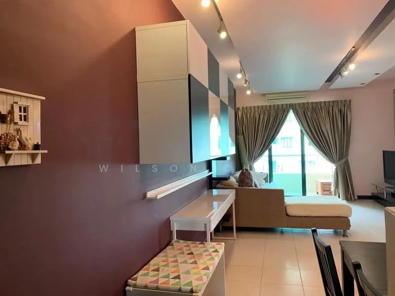 Living features: cream painted walls, dark accent wall, tile flooring, sofa in beige, floor-to-ceiling windows, curtains, wall-mounted TV, shelving unit, recessed lighting, dining table, decorative items on shelf; style: modern.