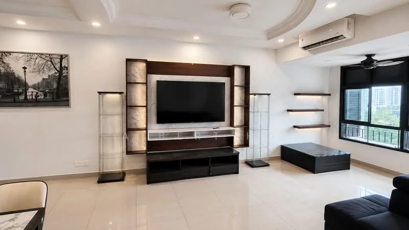 Living features: white painted walls, tray ceiling, recessed downlights, floor-to-ceiling windows, black sofa, coffee table, TV console with storage, wall-mounted TV, decorative shelving units, air conditioning unit, area rug, artwork on wall; style: modern; view: city.