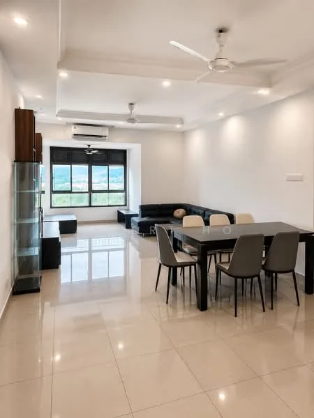 Living features: white painted walls, polished ceramic tile flooring, tray ceiling with recessed lighting, 5-blade ceiling fan, floor-to-ceiling windows, black leather sectional sofa, glass display cabinet, dining table with 6 chairs, air conditioning unit; style: modern; view: city.