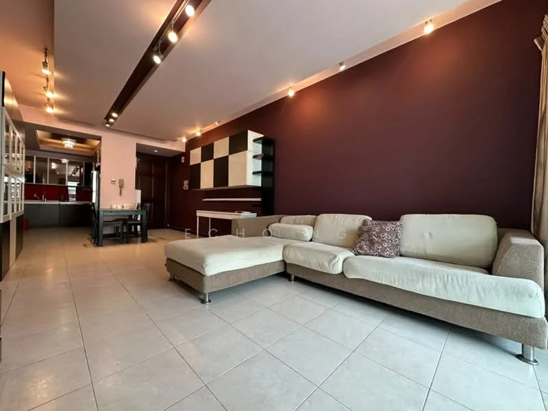 Living features: L-shape sectional sofa in beige, coffee table, TV console, wall-mounted TV, area rug, recessed LED downlights, dark accent wall in burgundy, light-colored tiled flooring, built-in shelving unit, curtains, open layout to kitchen-dining area; style: modern. Kitchen features: kitchen cabinets, countertop, stainless-steel appliances, open layout to living area; style: modern.