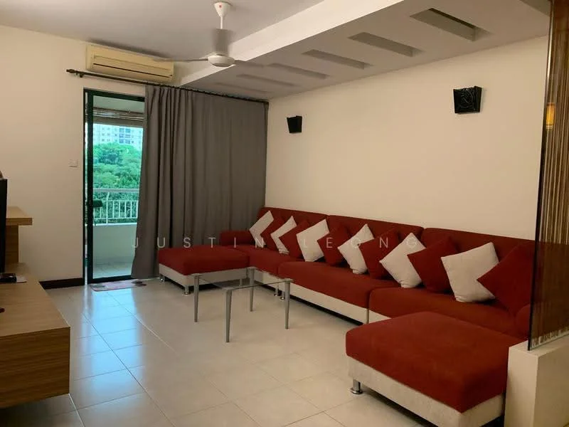 Living features: L-shape sectional sofa in red, white throw pillows, glass coffee table, wall-mounted TV, wooden TV console, white painted walls, ceiling fan, sliding glass door, floor-to-ceiling curtains, tile flooring, balcony view; style: modern; view: city.