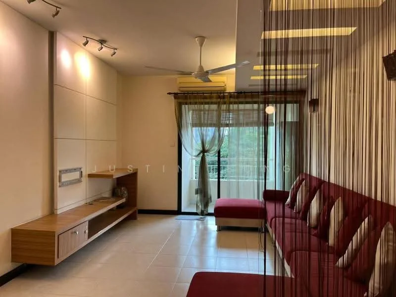 Living features: 5-blade ceiling fan with light, recessed downlights, cream painted walls, white ceiling, tile flooring, red fabric sofa with cushions, wooden TV console, floor-to-ceiling windows, sheer curtains, balcony access, decorative partition with strings; style: modern; view: garden.