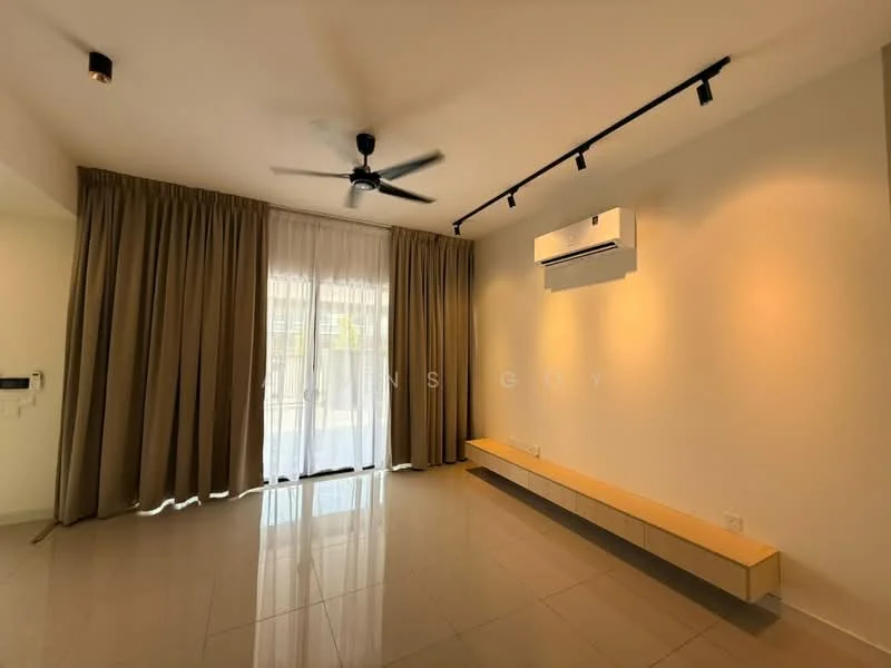 Living features: 5-blade ceiling fan with light, recessed LED downlights, floor-to-ceiling windows, sheer curtains, cream painted walls, glossy ceramic tile flooring, wall-mounted air conditioning unit, wooden bench or shelf, track lighting; style: modern.