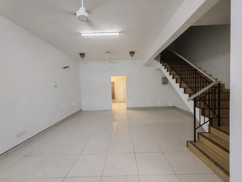 Living features: white painted walls, tile flooring, ceiling fan, recessed ceiling lights, staircase with wooden steps and metal railing, open layout, large windows, neutral color scheme; style: modern.