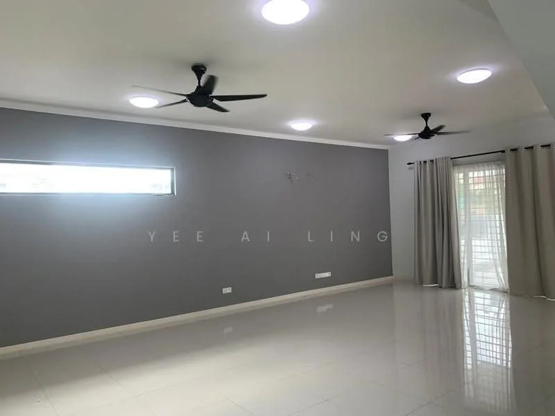 Living features: grey accent wall, white painted walls, polished ceramic tile flooring, 5-blade ceiling fan with light, recessed LED downlights, floor-to-ceiling window, sliding glass door, sheer curtains; style: modern; view: garden.