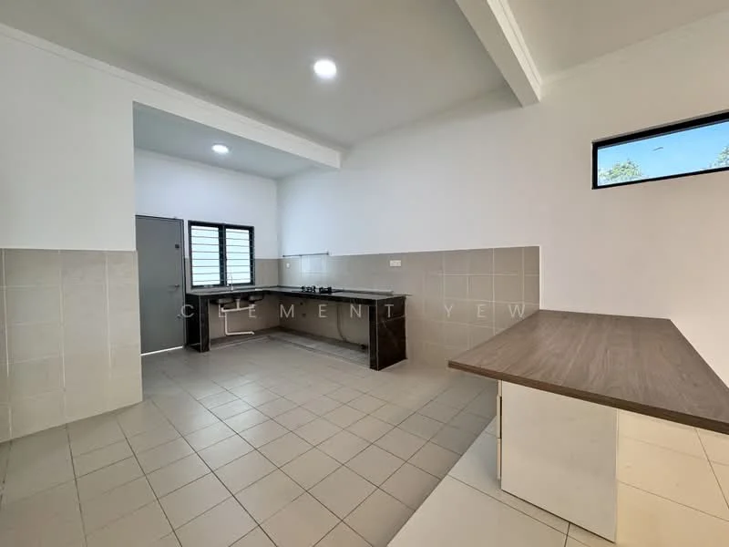 Kitchen features: grey tiled walls, white painted walls, light grey floor tiles, kitchen countertop with wood finish, built-in kitchen cabinets, stainless-steel sink, gas stove with two burners, window for natural light, ceiling lights, open layout; style: modern.