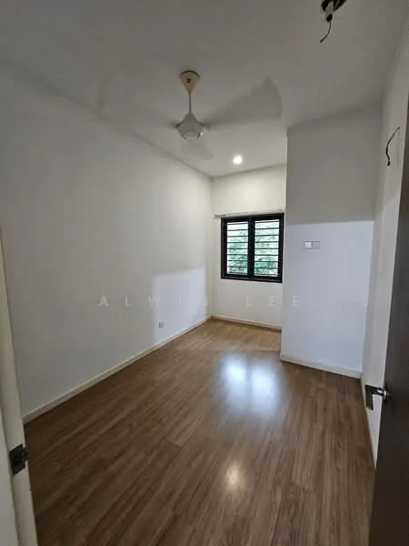 Room features: light wood laminate flooring, white painted walls, ceiling fan, recessed downlights, window with black frames, single window treatment, door with handle, corner wall; style: minimalist; view: garden.