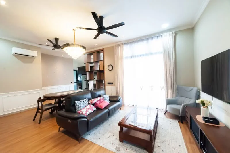 Living features: 3-seater leather sofa in black, 2-seater fabric sofa in grey, coffee table with glass top, TV console with wall-mounted TV, area rug with geometric pattern, chandelier with crystals, 2 ceiling fans, floor-to-ceiling windows with sheer curtains, wooden flooring, decorative pillows in various colors, wall-mounted shelving unit, armchair in light grey; style: modern.