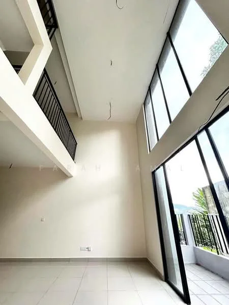 Room features: high ceiling, large floor-to-ceiling windows, neutral painted walls, tile flooring, open space layout, balcony access, exposed ceiling beams, minimalist design; style: modern; view: garden.