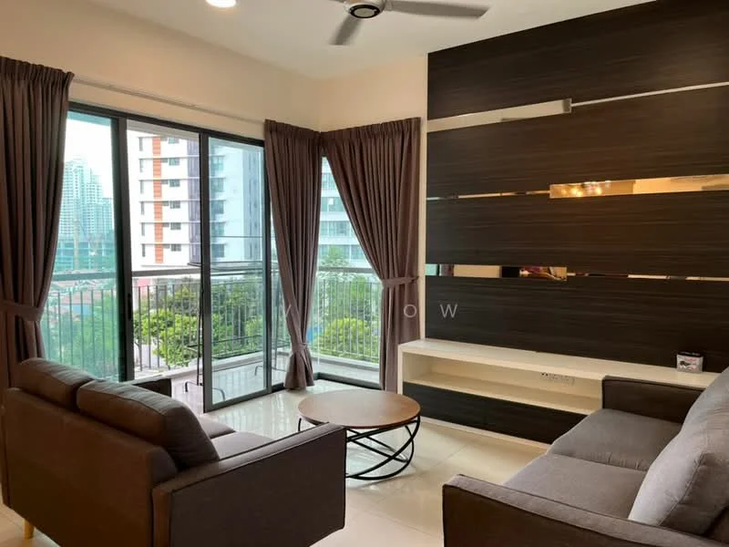 Living features: floor-to-ceiling windows, sliding glass door, grey fabric 3-seater sofa, brown fabric 2-seater sofa, round coffee table, dark wood feature wall, recessed downlights, curtains in dark brown, white wall, cream tiled flooring; style: modern; view: city.