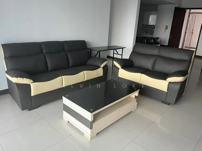 Living features: 2-seater black and cream fabric sofa, 3-seater black and cream fabric sofa, black coffee table with white accents, glossy tile flooring, neutral wall color, floor-to-ceiling windows, minimalist decor, open layout; style: modern.