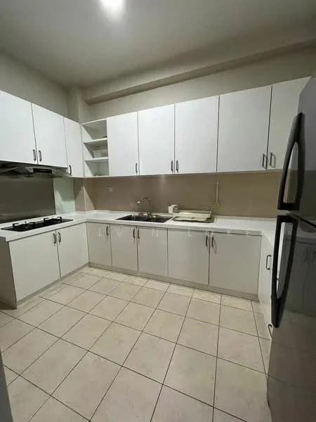 Kitchen features: white cabinetry, stainless-steel sink, chrome pull-down faucet, granite countertop, ceramic tile backsplash, built-in oven, 4-burner gas hob, refrigerator, tile flooring, wall-mounted cabinets, open shelving, neutral wall color, under-cabinet lighting; style: modern.