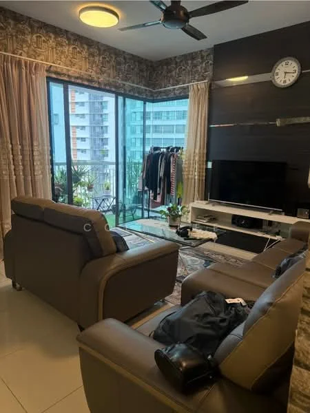 Living features: 2-seater leather sofa in brown, 3-seater leather sofa in brown, coffee table, wall-mounted TV, TV console, decorative wall clock, floor-to-ceiling windows, sheer curtains, recessed downlights, ceiling fan, area rug with geometric pattern, wall with wood paneling, decorative plant; style: modern; view: city.