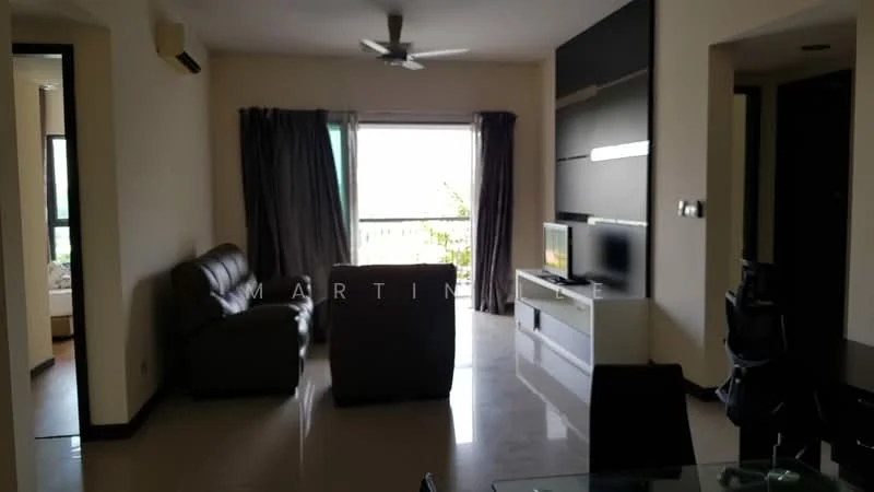 Living features: 3-seater leather sofa in grey, floor-to-ceiling windows, curtains, wall-mounted TV, TV console, ceiling fan, marble flooring, decorative wall panel, open layout to dining area; style: modern; view: city.