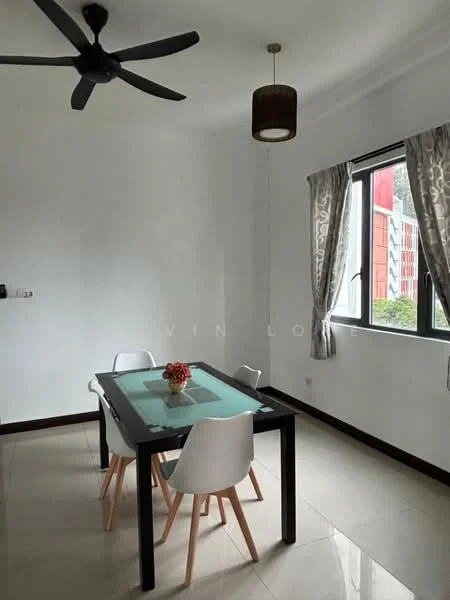Dining features: 4-seater dining table with glass top, white plastic chairs with wooden legs, ceiling fan with 5 blades, pendant light fixture, white painted walls, cream tiled flooring, window with sheer curtains, decorative flower arrangement on table; style: modern; view: garden.