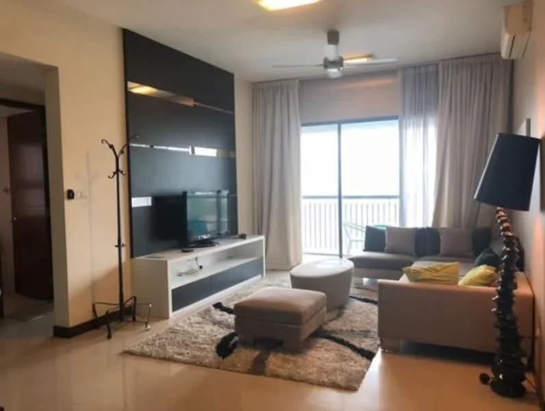 Living features: 3-seater fabric sofa in light grey, 2-seater fabric sofa in beige, round ottoman, coffee table, TV console, wall-mounted TV, area rug with geometric pattern, floor-to-ceiling windows, sheer curtains, ceiling fan with light, decorative floor lamp, wall-mounted shelving, light-colored walls, tile flooring; style: modern; view: city.