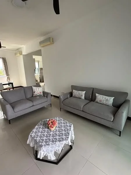 Living features: 2 grey fabric sofas, decorative cushions with floral pattern, coffee table with black metal frame, white lace tablecloth, artificial flowers in vase, white tiled flooring, wall-mounted split AC, ceiling fan, large window with sheer curtains, neutral painted walls; style: modern.