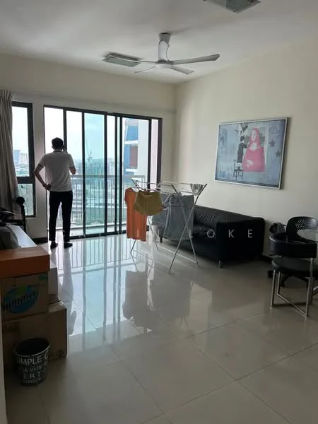 Living features: large floor-to-ceiling windows, sliding glass door, white painted walls, glossy tile flooring, 5-blade ceiling fan, black leather sofa, metal dining chairs, clothes drying rack, decorative artwork on wall, boxes in the corner; style: modern; view: city.