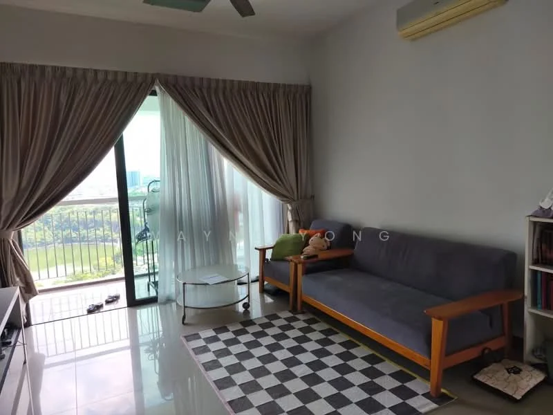 Living features: grey fabric sofa, wooden armchair, coffee table, area rug with checkered pattern, floor-to-ceiling windows, sheer curtains, balcony access, ceiling fan, wall-mounted air conditioning unit, light-colored painted walls, glossy tile flooring; style: modern; view: city.