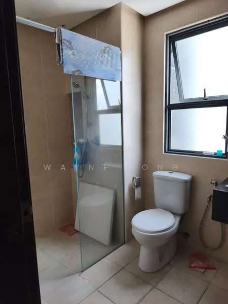 Bathroom features: glass shower enclosure, toilet, sink with faucet, tile flooring, cream tiled walls, window with black frame, mirror, shower head, wall-mounted towel holder; style: modern.